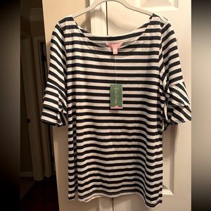 Lilly Pulitzer navy and white ruffle sleeve top. New with tags.